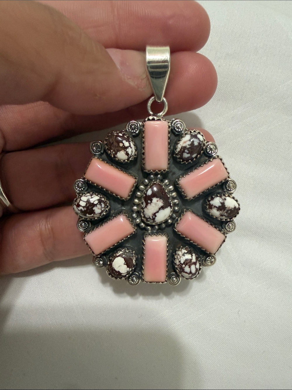 Sterling Silver Pink and Brown Stone Sunburst Pendant